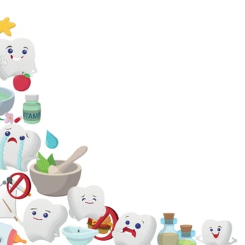 Cartoon teeth characters promoting healthy habits and oral hygiene with vitamins and mortar vector