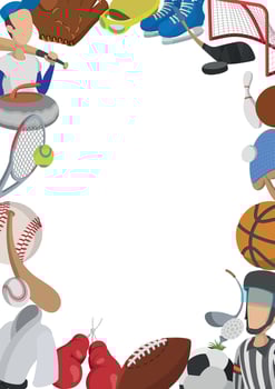 Sports equipment frame displaying various sporting goods and activities vector