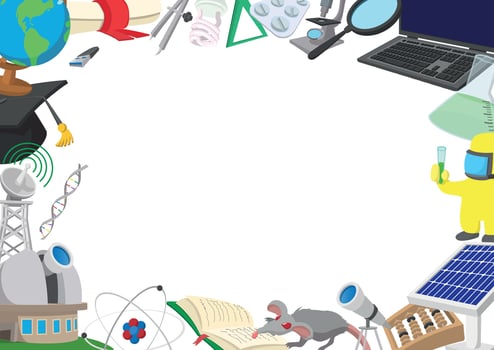 Science frame border featuring graduation hat, solar panel, microscope and laboratory mouse vector