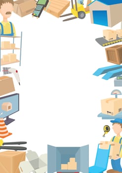 Warehouse workers handling cardboard boxes, pallets, and parcels with forklifts and hand trucks vector