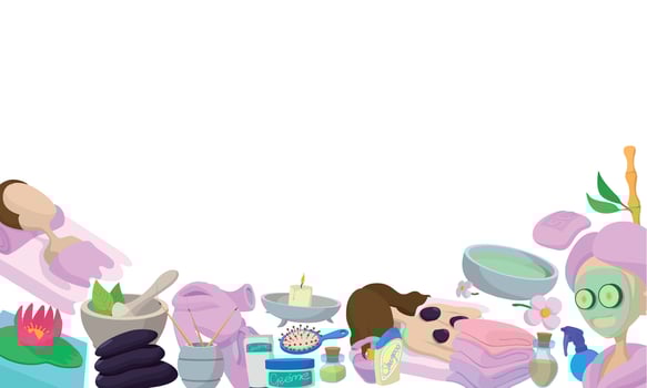 Women relaxing at spa with beauty products frame vector
