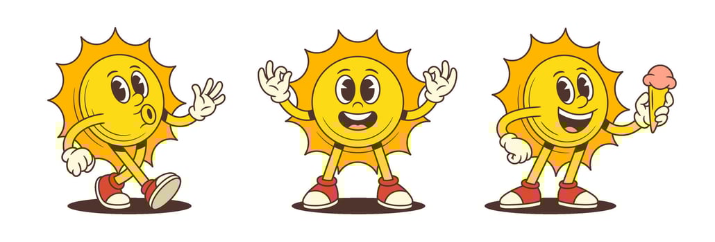 Cheerful Cartoon Sun Mascot Walking Eating Ice Cream and Posing with Peace Sign Illustration vector