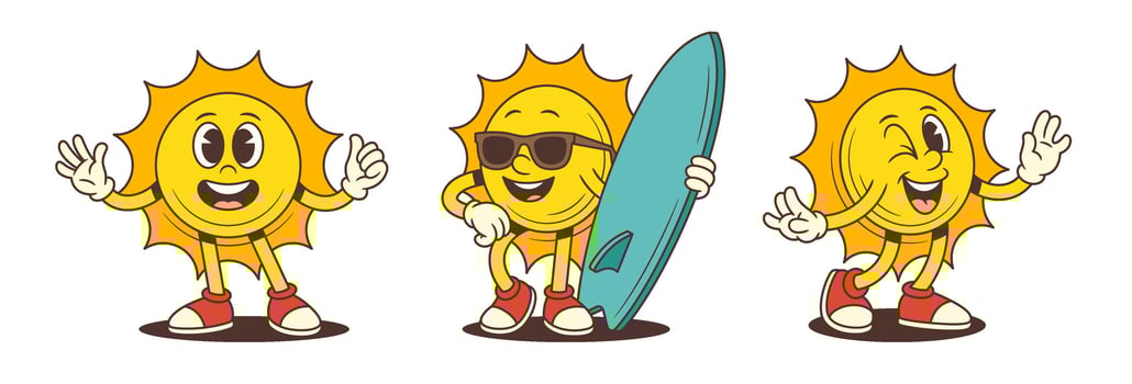 Smiling Sun Mascot Waving Holding Surfboard And Winking In Playful Cartoon Style Illustration vector