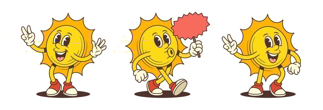 Cheerful Sun Mascot Walking Smiling Peace Sign Blowing Kiss Holding Red Fan Illustration vector