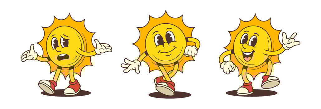 Cheerful Expressive Sun Mascot Talking Dancing Thumbs Up Peace Sign Red Sneakers Illustration vector