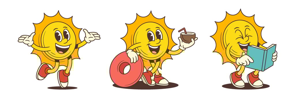 Playful Cartoon Sun Mascot Walking Reading and Holding Donut in Summer Mood Illustration vector