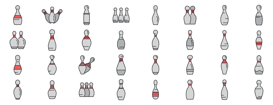 Bowling pins set, different bowling pins icons showing standing and fallen pins vector