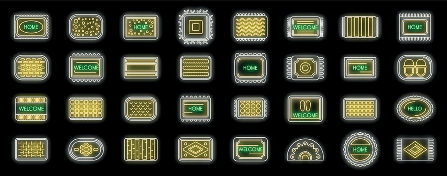 Doormats with home and welcome neon light icons set vector