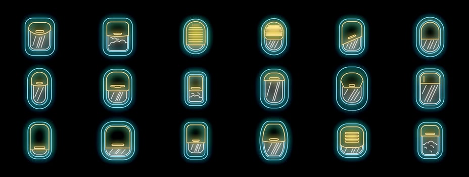 Neon airplane window icons representing different view and status vector