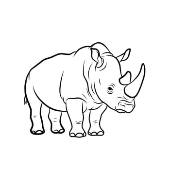 Detailed black and white outline illustration of a rhinoceros. Ideal for educational material, wildlife designs, and coloring page vector