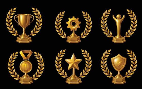 Realistic gold trophy icons with laurel wreaths for awards and achievements vector