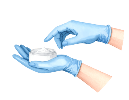 Blue gloved hands holding cosmetic skincare cream jar with finger scoop on isolated background png