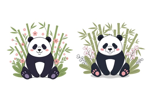 Adorable Panda Bears Sitting with Bamboo and Flowers vector