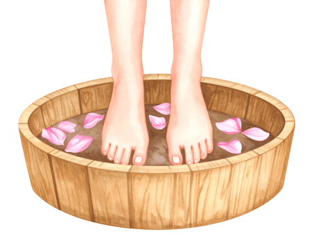 Woman feet soaking in wooden foot bath filled with water and pink rose petals, spa therapy illustration on isolated background png
