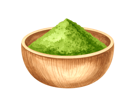 Wooden bowl filled with green powder for skincare or herbal treatment on isolated background png