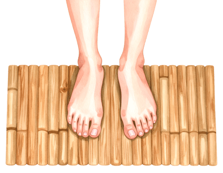 Bare human feet stepping on bamboo mat for relaxation and foot therapy on isolated background png