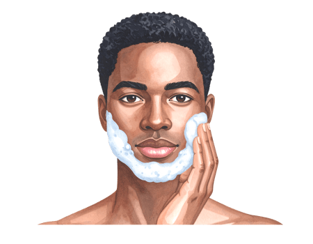 Black man applying face wash foam for beard shave and grooming skincare routine on isolated background png
