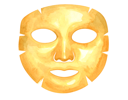 Golden sheet face mask with eye and mouth cutouts for skincare treatment on isolated background png