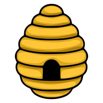 Adorable illustration of a cartoon beehive with a distinct layered design, showcasing a golden yellow color palette and a simple, bold black outline. vector