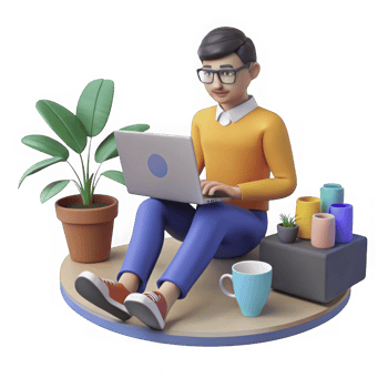 A man with glasses works on a laptop while sitting near a plant and colorful cups isolated on transparent background png
