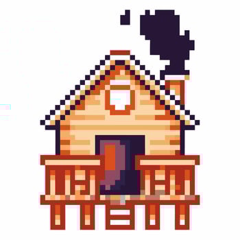 Pixel art cozy wooden cabin with chimney smoke on porch, winter season rustic house, retro game 8 bit illustration vector