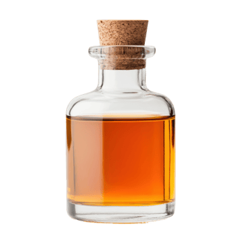 Transparent glass bottle with cork top filled with amber liquid, cut out png