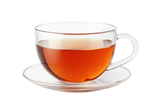 Transparent glass teacup with saucer filled with amber tea, cut out png