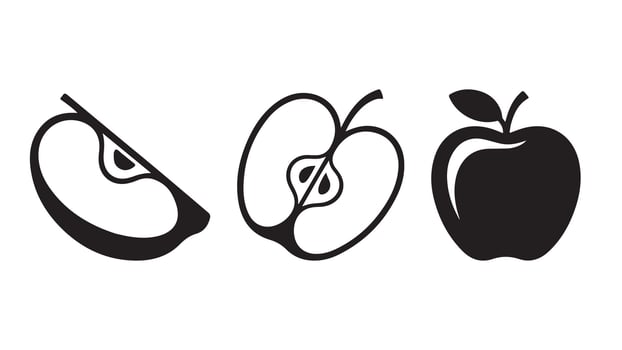 Classic apple fruit illustration full, half cut and slice with stem and leaf vector