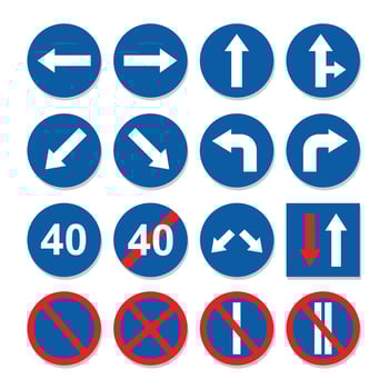 A set of blue and red traffic signs with arrows vector