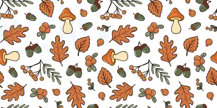 Autumn seamless oattern with oak leaves, acorns, berries and mushrooms for textile prints, wallpaper, stationery, wrapping paper, backgrounds, etc. EPS 10 vector