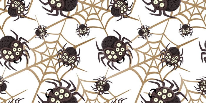 halloween cartoon spiders and gold web seamless pattern cute insect repeat design for festive backgrounds textiles decor and fabric vector