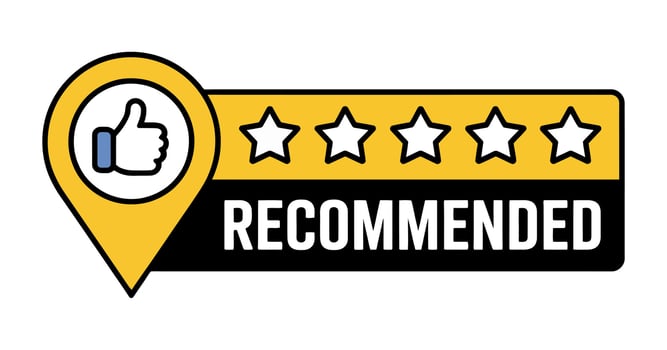 Recommended Badge with Thumbs Up and Five Stars, Best Choice, Quality Approval, and Positive Feedback on White Background vector