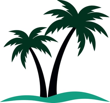 Two Tropical Palm Trees Swaying Gently on a Sandy Shoreline Under a Clear Blue Sky Creating a Serene Beach Paradise Scene vector