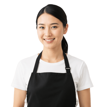 A young asian woman in a white t - shirt and black apron png