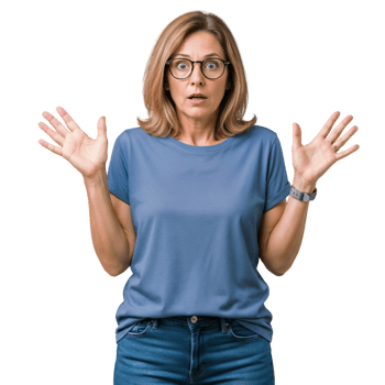 A woman with glasses and a blue shirt is making surprised face png