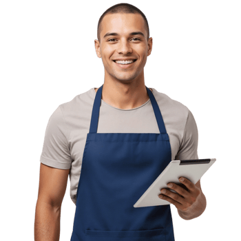 A smiling man in an apron holding a tablet. png