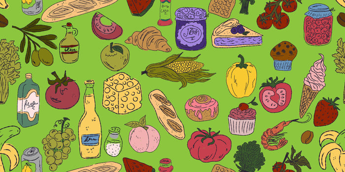 a green background with a variety of different foods vector