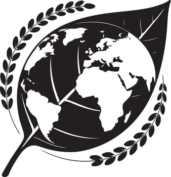 Black and White Earth Globe Inside a Leaf with Laurel Branches vector