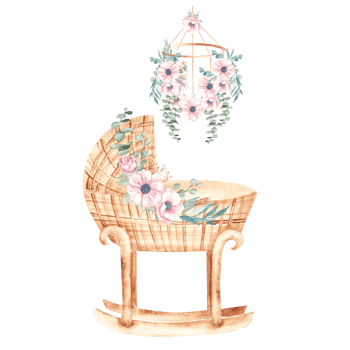 Baby shower composition. Watercolor illustration of Baby Girl cradle from rattan with Mobile, hanging toy decorated with anemone bouquet. For newborn greeting or birthday cards, baby shower png