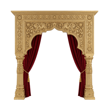 Ornate golden archway with rich floral carvings and velvety maroon curtains on transparent png