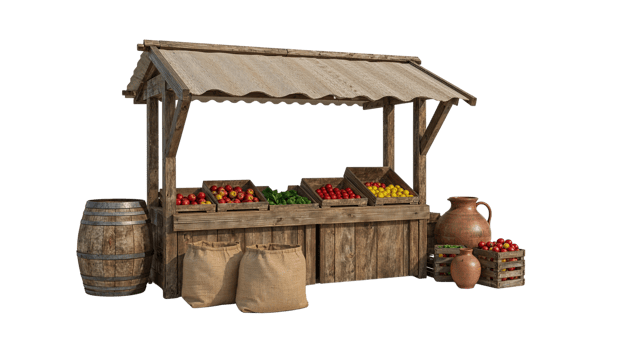 Rustic wooden market stall adorned with fresh produce and vintage farm elements, isolated png