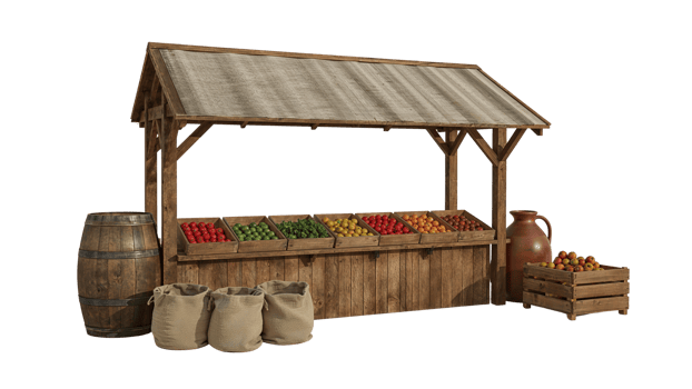 Rustic wooden marketplace stall filled with fresh produce against a transparent isolated background png