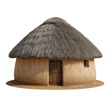 Solitary primitive dwelling with thatched conical roof standing alone on plain ground png