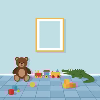 Childrens playroom with teddy bear crocodile and colorful toy blocks on tiled floor in blue room illustration vector