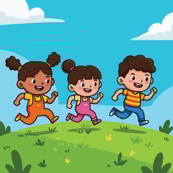 Children Running Outdoors on Green Hill Under Blue Sky with Clouds Illustration vector