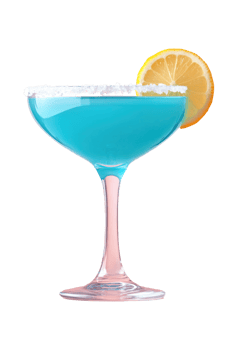 Refreshing blue cocktail served in a martini glass with lemon slice png