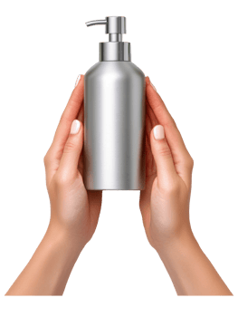 Gray liquid soap dispenser held between two hands with a neutral background png