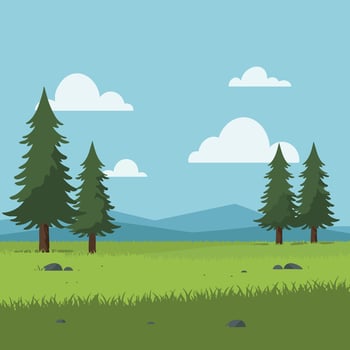 Pine Trees Landscape with Green Grass and Blue Sky under White Clouds Illustration vector