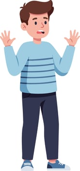 Young boy expressing surprise with hands raised wearing blue striped sweater and dark pants illustration vector