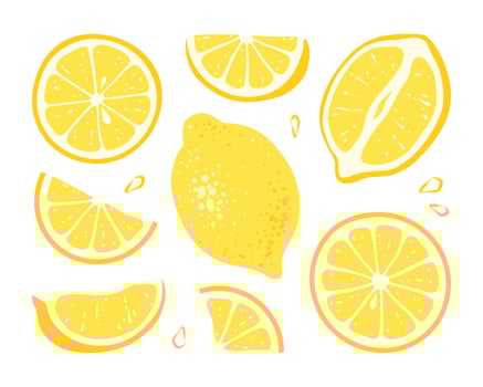 Yellow whole lemon, lemons slices set vector